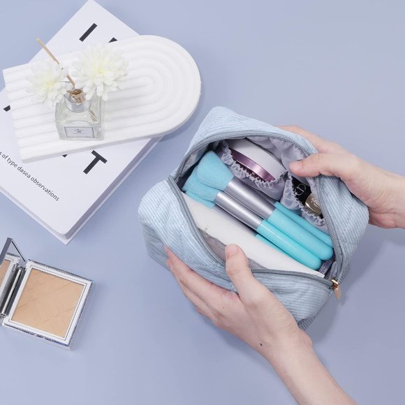 MAANGE Women Cosmetic Purse Corduroy Makeup Pouch Cute Makeup Bag Blue - Picture 5 of 6